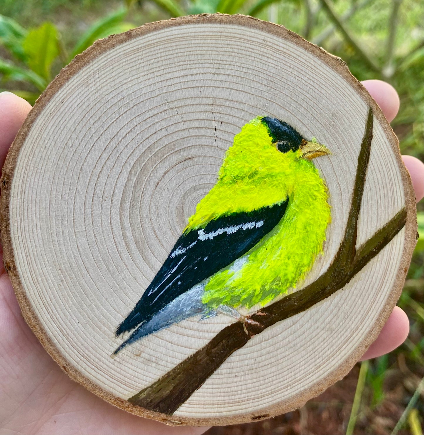 American Goldfinch on Wood Round