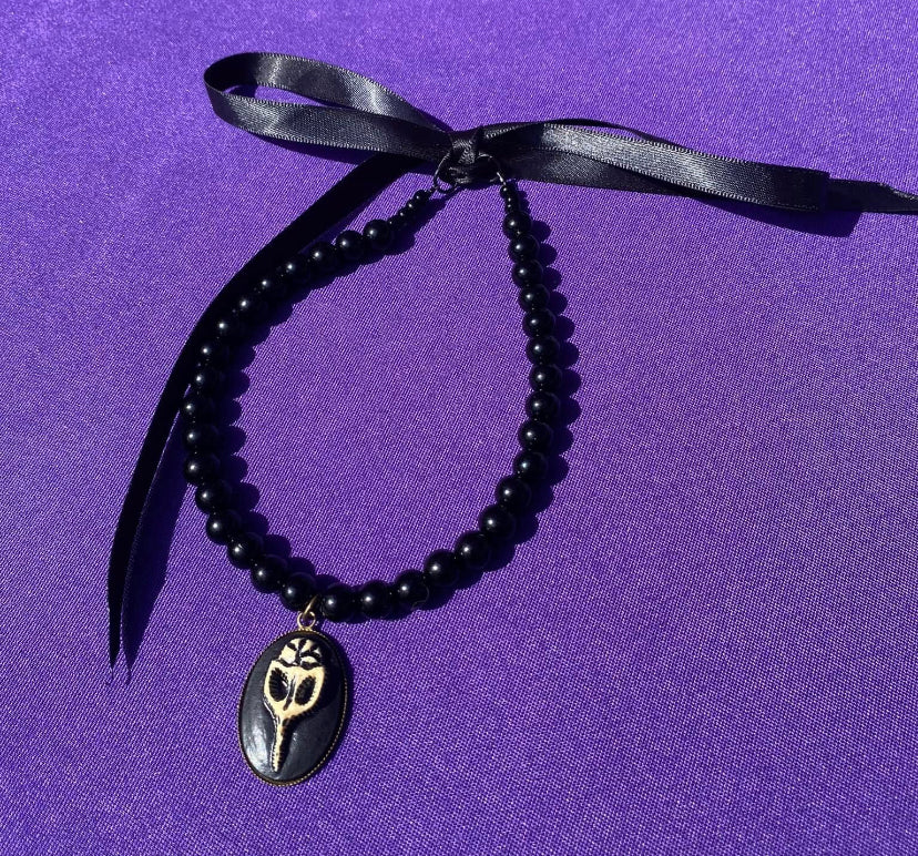 Black Glass Beaded Choker w/ Skull Accent - Ribbon and Loops