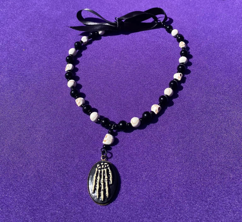 Skeleton Hand Accent Dangle - Black and White Choker w/Skull Beads - Ribbon and Loops