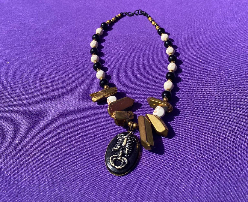 Chunky Gold Dyed Quartz w/ Black and White Glass Round Beads Choker - Rib Cage Accent - Lobster Clasp and Loop
