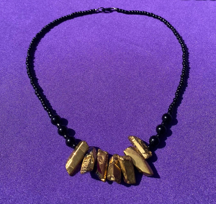 Chunky Gold Dyed Quartz w/ Black Glass Round Beads Princess Necklace - Lobster Clasp and Loop