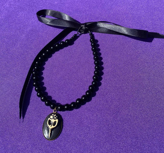 Black Glass Beaded Choker w/ Skull Accent - Ribbon and Loops