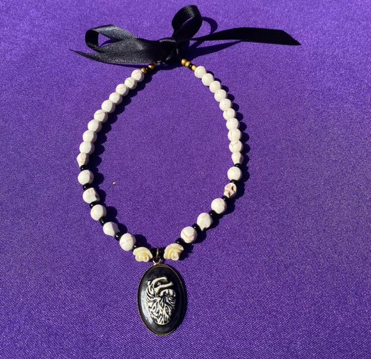White Roses, Skulls, and Round Beads w/ Black and Gold Seed Beads Choker - White Heart Accent - Ribbon and Loop