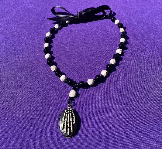 Skeleton Hand Accent Dangle - Black and White Choker w/Skull Beads - Ribbon and Loops
