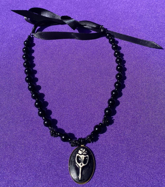 Black Glass Round Beads and Roses Choker - Accent Skull - Ribbon and Loops