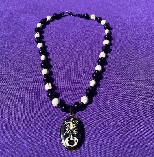 Black and White Glass Round Beads with Skulls Choker - Skeleton Accent - Lobster Clasp