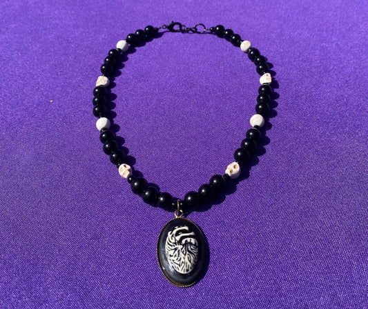 Black and White Choker with Skull Beads - Black and White Heart Accent - Lobster Clasp