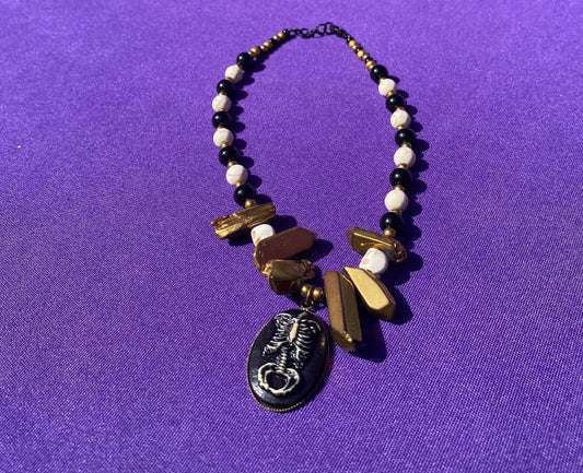 Chunky Gold Dyed Quartz w/ Black and White Glass Round Beads Choker - Rib Cage Accent - Lobster Clasp and Loop