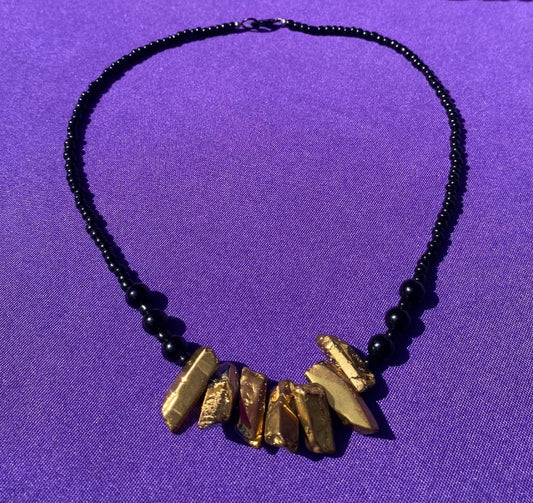 Chunky Gold Dyed Quartz w/ Black Glass Round Beads Princess Necklace - Lobster Clasp and Loop