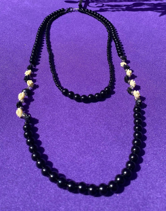 Long (Opera Length) Layered with Medium (Princess Length) - Black Glass Beads, Black and White Roses